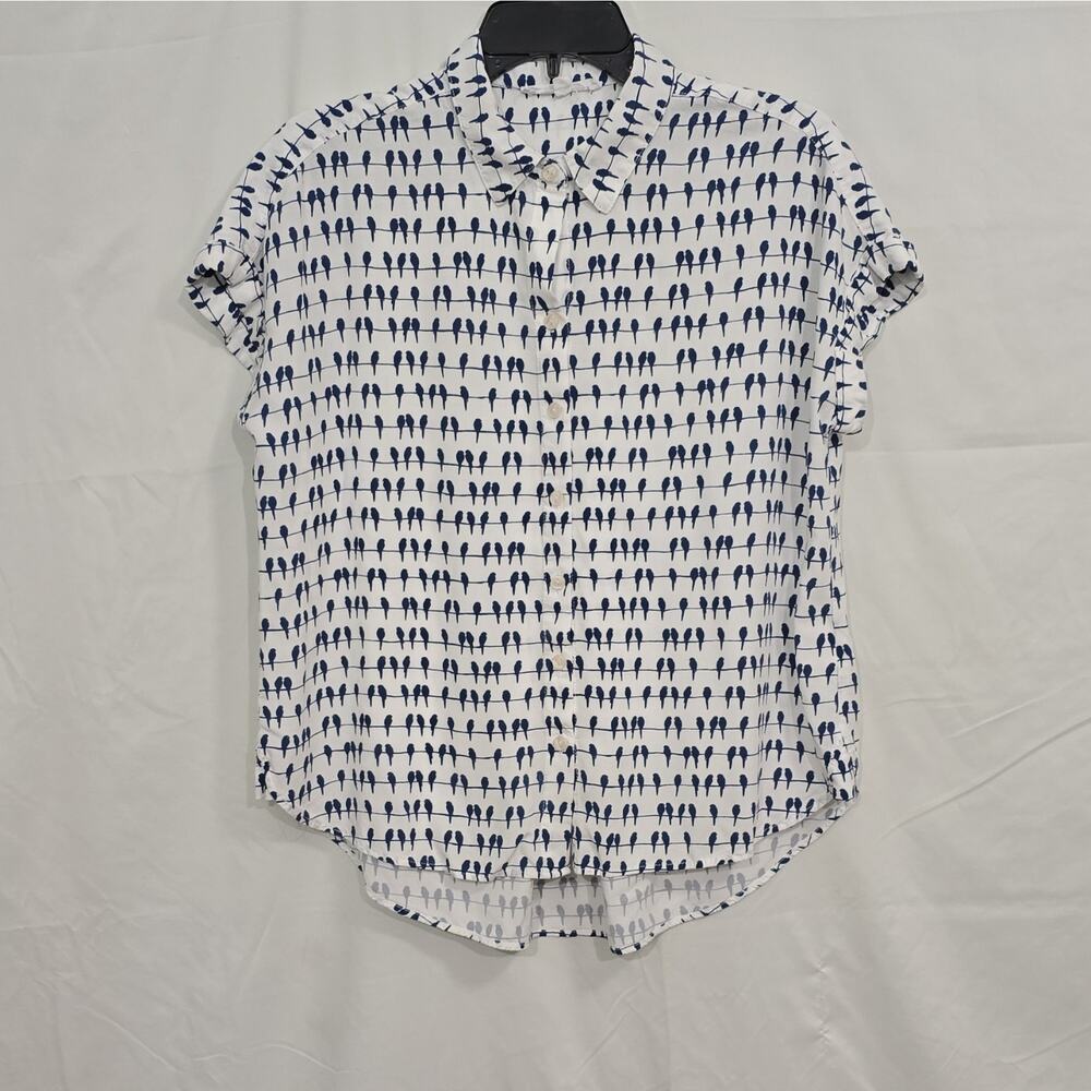 Jane + Delancey Womens M Blue White Bird Print Woven Rayon Button-Up Blouse